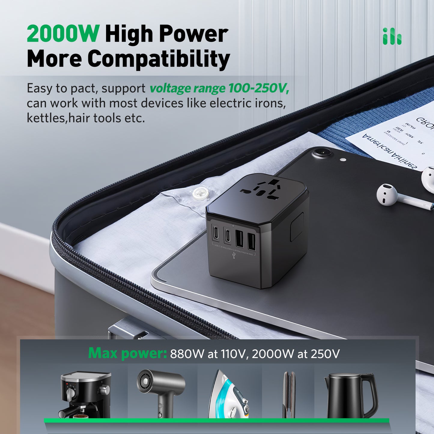 Universal Travel Adapter International Plug - European Travel Plug Adapter Worldwide US AUS EU UK Spain Germany Ireland Italy - All-in-one Travel Outlet Power Adapter with 3 USB C 2 USB A